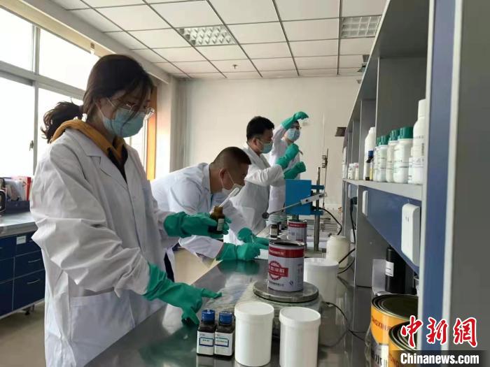 圖為肖菲(前一)帶領(lǐng)團(tuán)隊(duì)研發(fā)水性涂料。(資料圖) 受訪者供圖