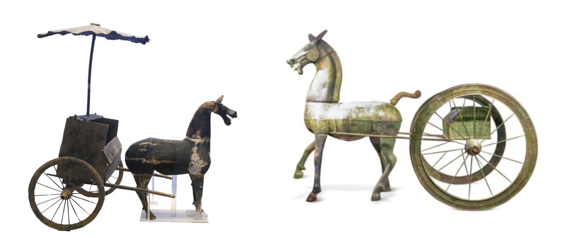 △左為漢代木軺車，藏于青海省博物館；右為東漢銅車馬，藏于黔西南州博物館。